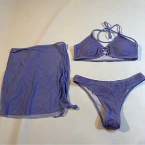 NWOT Elerevyo M Purple Ring Link Texture Halter Bikini With Matching Sheer Skirt